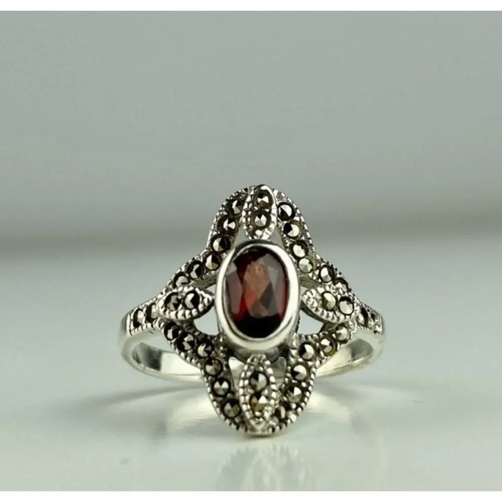 925 Sterling Silver Almandine & Marcasites Ring Size 7